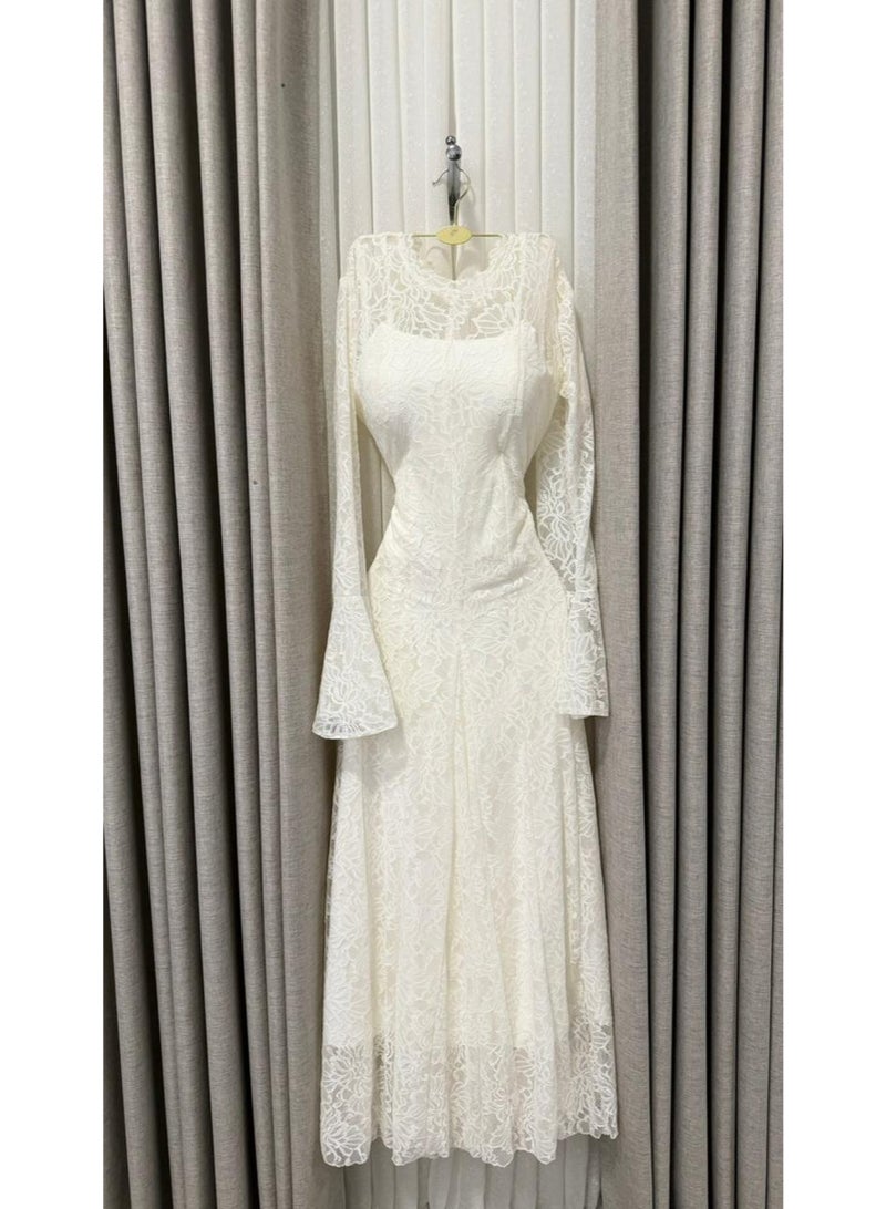 Cutie Premium Floral Lace Evening Dress with Bell Sleeves & Maxi Length - Off-White - Image 1